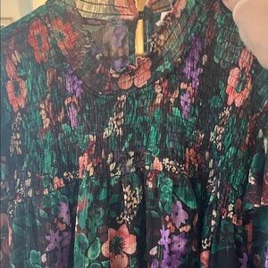 Cato Floral Lined Blouse with Green, Purple, and Pink. Black underlay.
